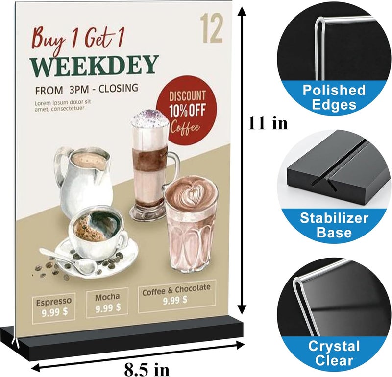 Seencool 8.5x11 Acrylic Sign Holder Vertical Double-Sided Tabletop Sign Holder with Black Base, Plastic Picture Frame Paper Holder, Clear Menu Display Stand for Office Restaurant Store Home 8 Pack - Image 2